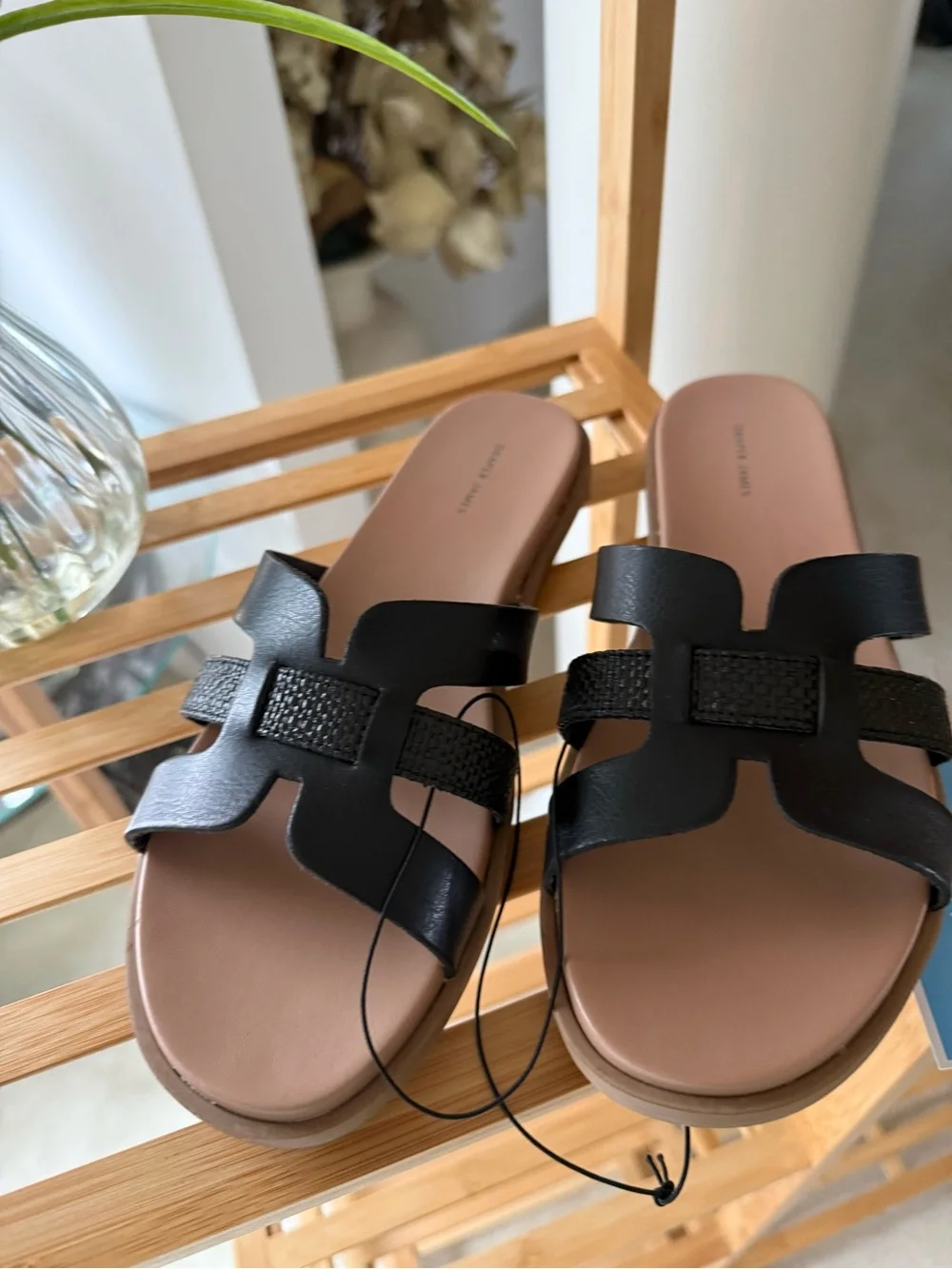 Draper James Black and Tan Leather Slide Sandals